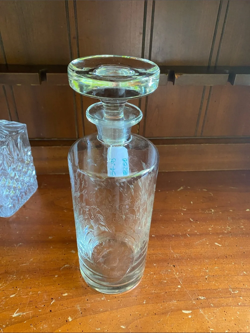 Vintage Mid-Century Hand-Blown Etched Glass Decanter with Flat-Top Disc Stopper